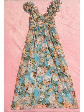 Women’s Floral Chiffon Ruffle Sleeves Long Maxi Dress Size Small